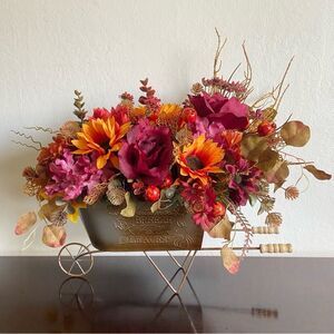 Faux Floral Bouquet In Garden Cart With Pink Roses